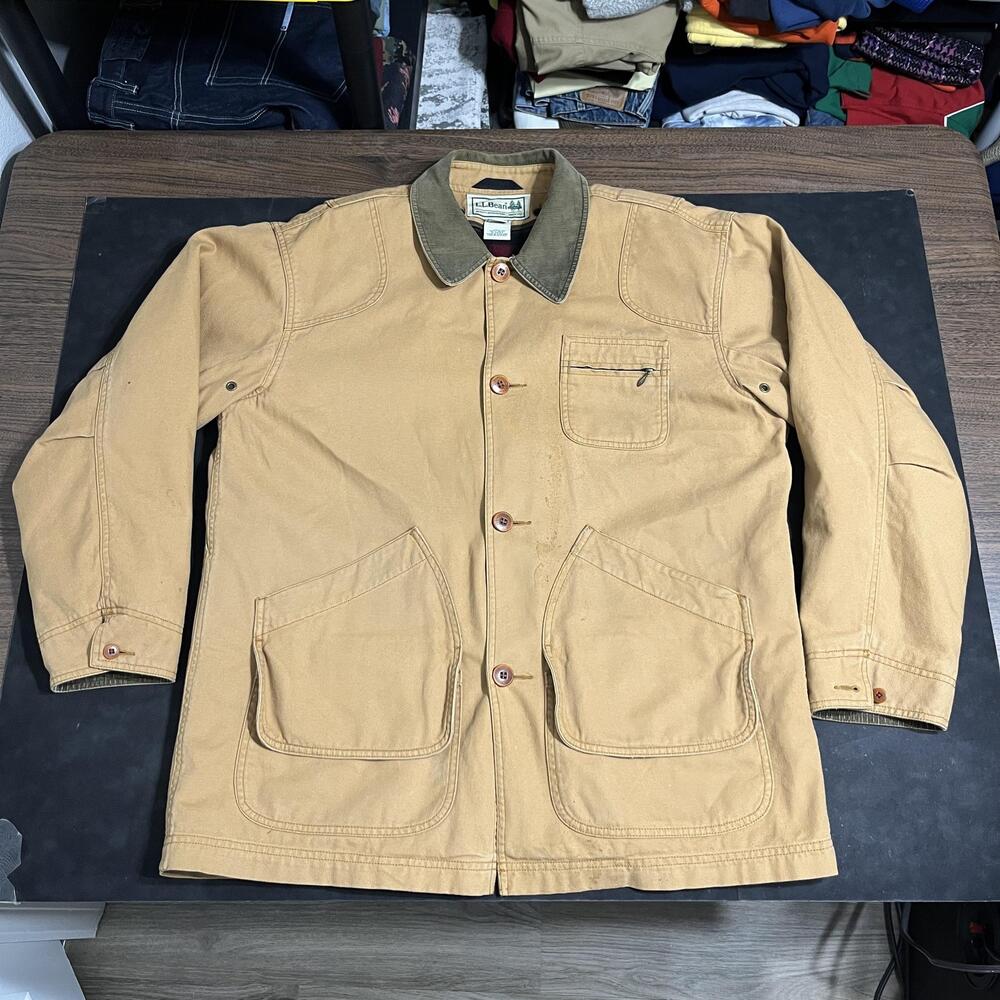 L.L.Bean Barn Coat Jacket Mens Large Beige Canvas Plaid Wool Lined Vintage